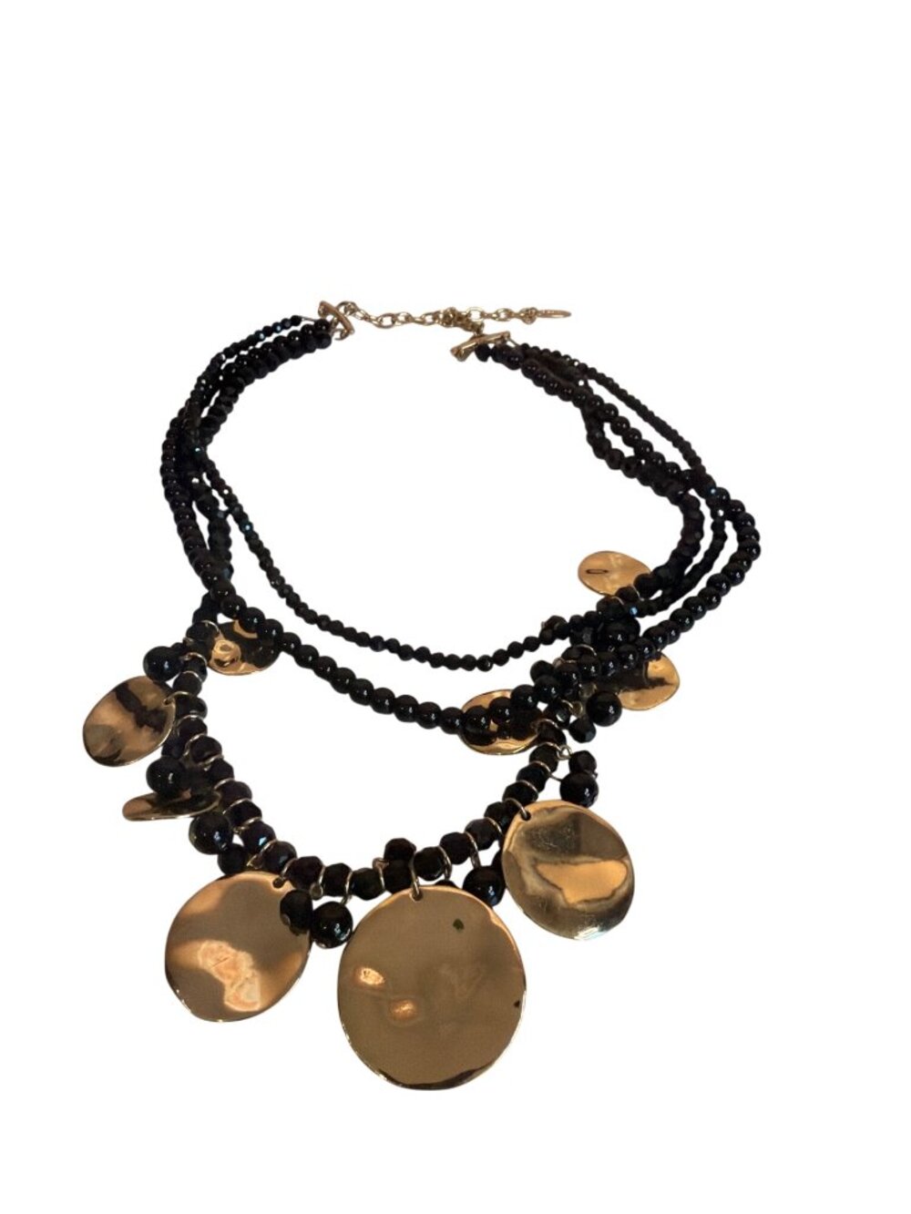Vintage St. Thomas Multi-Strand Black Bead Gold Disc Statement Necklace 90s
